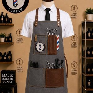 Professional barber apron with adjustable straps and multiple tool pockets