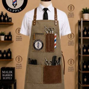 Professional barber apron with adjustable straps and multiple tool pockets