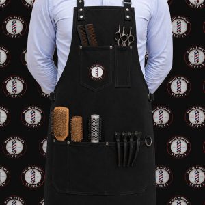 Professional barber apron with adjustable straps and multiple tool pockets