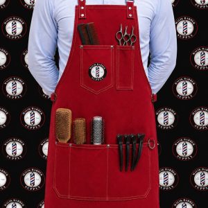 Professional barber apron with adjustable straps and multiple tool pockets