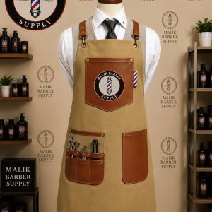 Professional barber apron with adjustable straps and multiple tool pockets