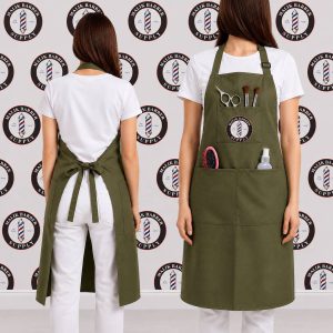 Professional barber apron with adjustable straps and multiple tool pockets