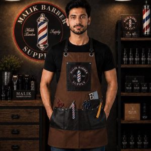 Professional barber apron with adjustable straps and multiple tool pockets