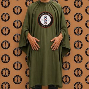 Professional barber cape with open-hand sleeves for comfortable hand movement and hair cutting.