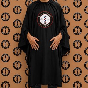 Professional barber cape with open-hand sleeves for comfortable hand movement and hair cutting.